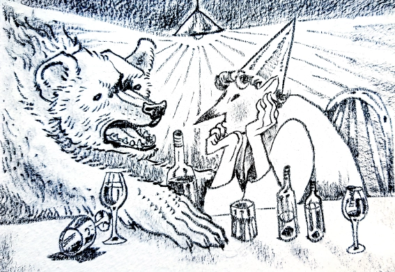 a bear and a goblin talking over a table