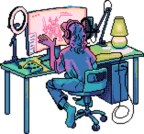 pixel illustration of a girl streaming from her bedroom.