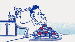 a guy sharing a plate of pasta with a small dog, lady-and-the-tramp style.