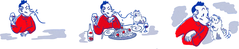 a comic strip of a guy sharing a plate of pasta with a small dog, lady-and-the-tramp style.