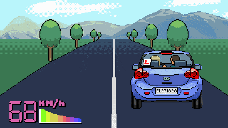 Learner driver practicing on a country road, mountains in background.