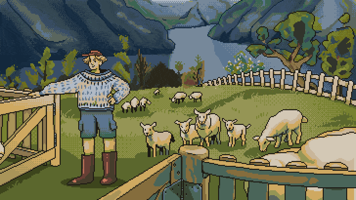 Proud farmer holding gate open for his sheep in beautiful Norwegian landscape