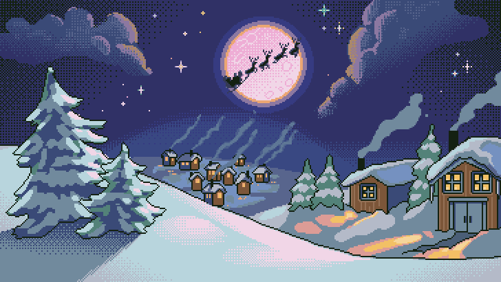 A snowey landscape at night with santa flying past the moon.