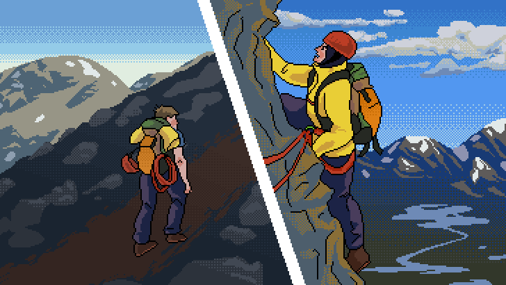 lightly animated pixel illustration in two parts. On the left, a man hiking up a mountain. On the right, the same man climbin up a mountain.