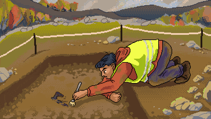 Archaeologist brushing an old viking axe out of the soil.