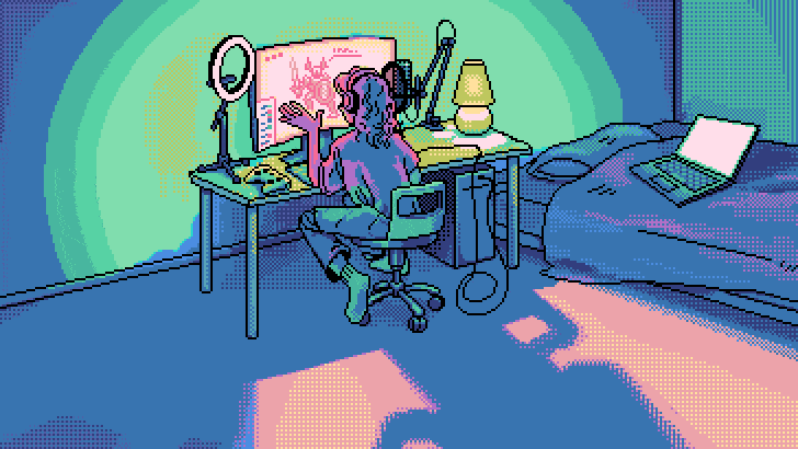 Girl streaming in fornt of computer, bubles around her indicating followers.