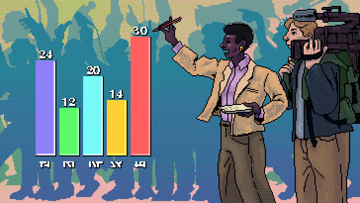 Journalist with cameraman in a crowd, statistic measurements animating on the left.