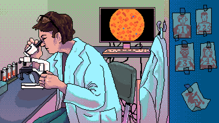 Lab worker in looking at blood with a microscope.