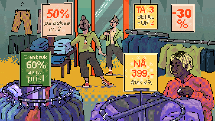 A clothes store with many sale posters and two shoppers looking at chlotes.