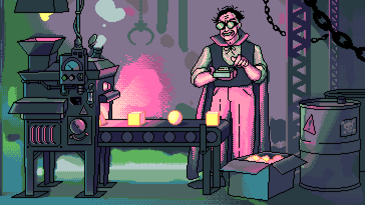 Crazy evil scientist pressing a button to make his machine produce different shapes.