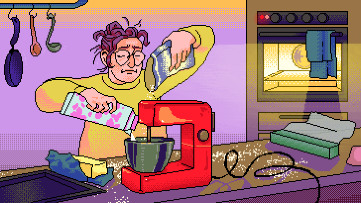 Stressed out woman pouring milk and flour into a mixmaster.