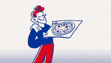 animation of a man about to put a pizza in the oven, discovering that it is not lit.