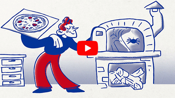 A cartoony man with a pizza. Click to play video.