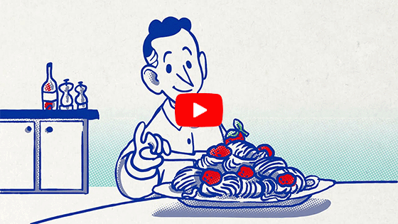A cartoony man in front a big plate of pasta. Click to play video.