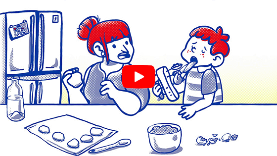 Mum and son baking in the kitchen. Click to play video.