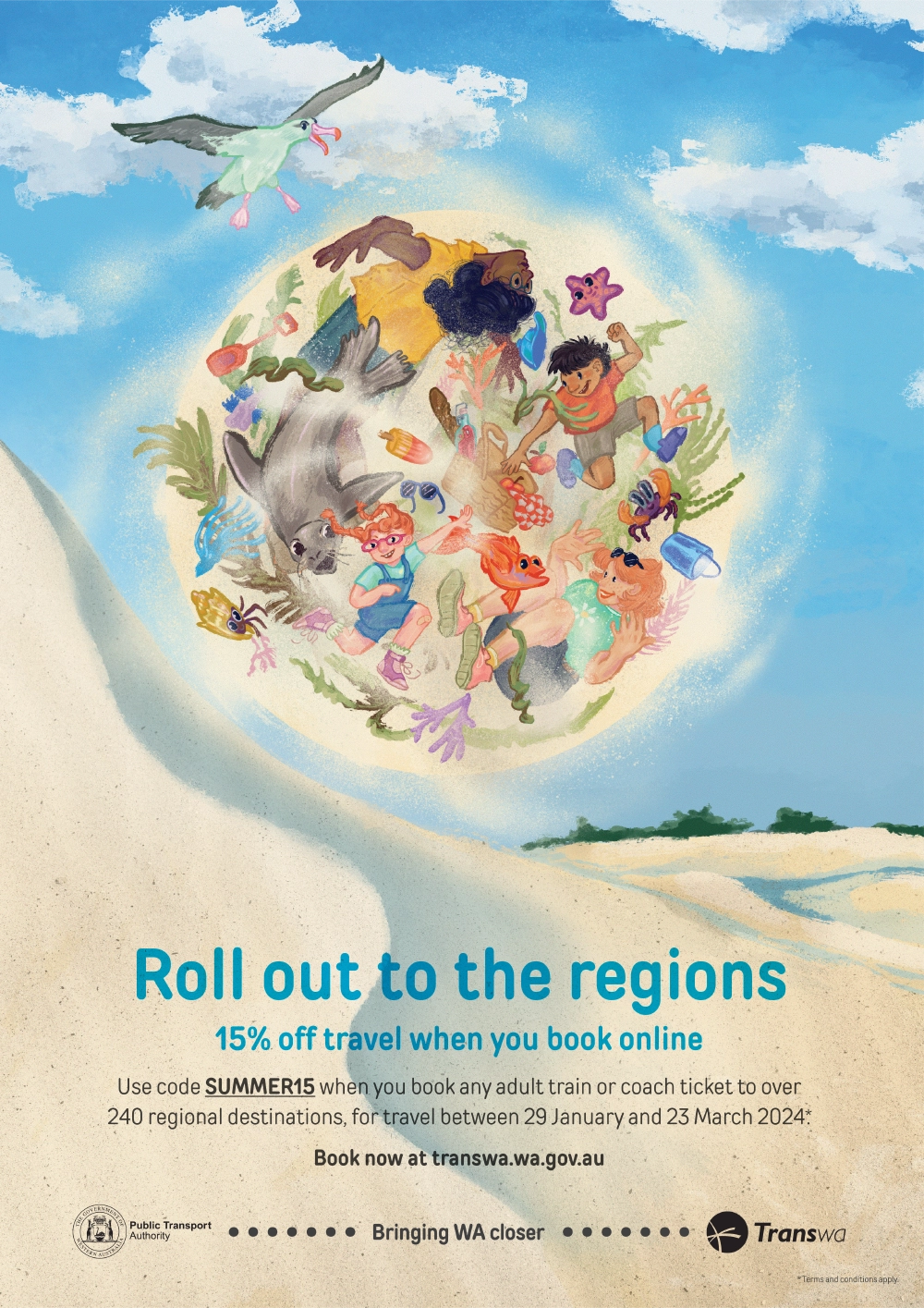 promotional poster illustration for Trans of a family rolling down a sand dune.